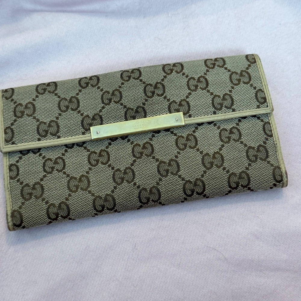 Gucci GG Monogram Canvas Long Wallet Beige Leather Trim 112715 0416